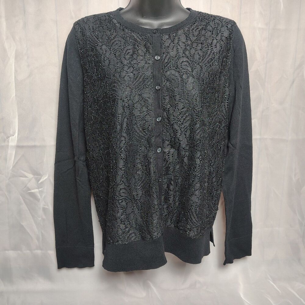 LOFT Outlet Womens M Cardigan Sweater Black Floral Lace Front Button Up Crewnwck